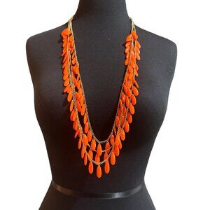 Vintage Orange & Gold Multi-Strand Bib Necklace With Teardrop Beads
